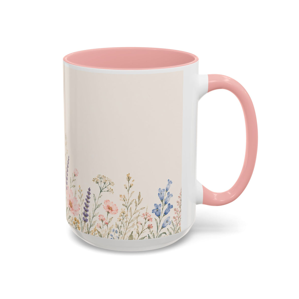 Floral Meadow Accent Coffee Mug — Pink/Purple/Blue Interior, Wildflower Design (15 oz)
