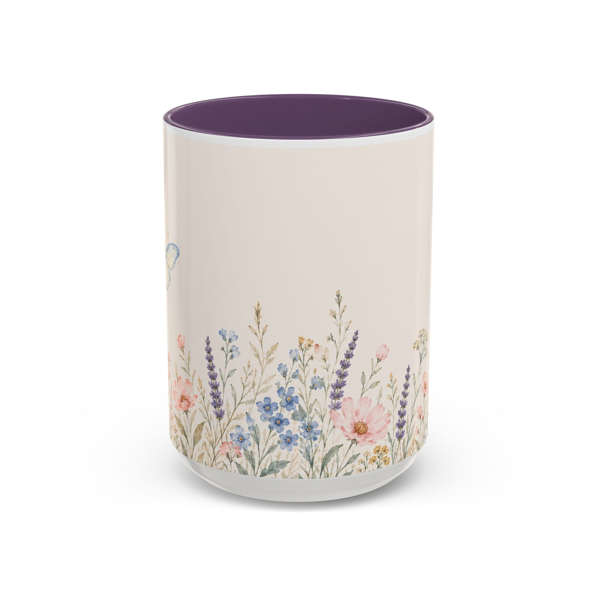 Floral Meadow Accent Coffee Mug — Pink/Purple/Blue Interior, Wildflower Design (15 oz)