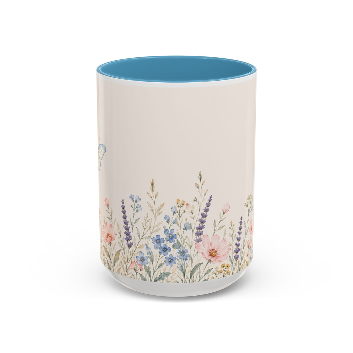 Floral Meadow Accent Coffee Mug — Pink/Purple/Blue Interior, Wildflower Design (15 oz)