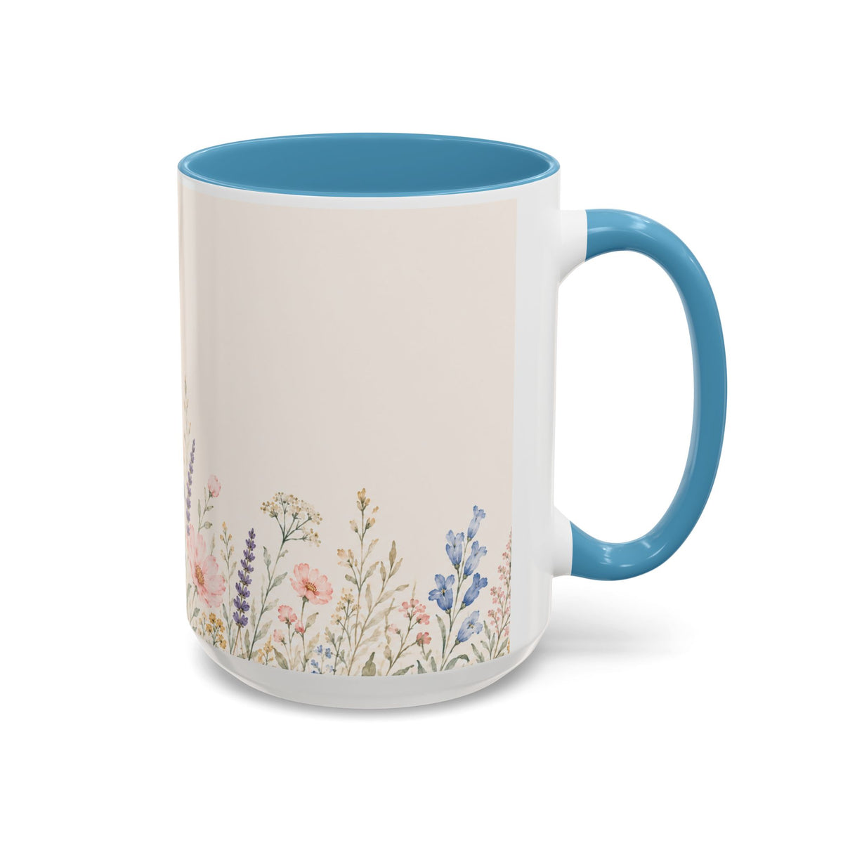 Floral Meadow Accent Coffee Mug — Pink/Purple/Blue Interior, Wildflower Design (15 oz)