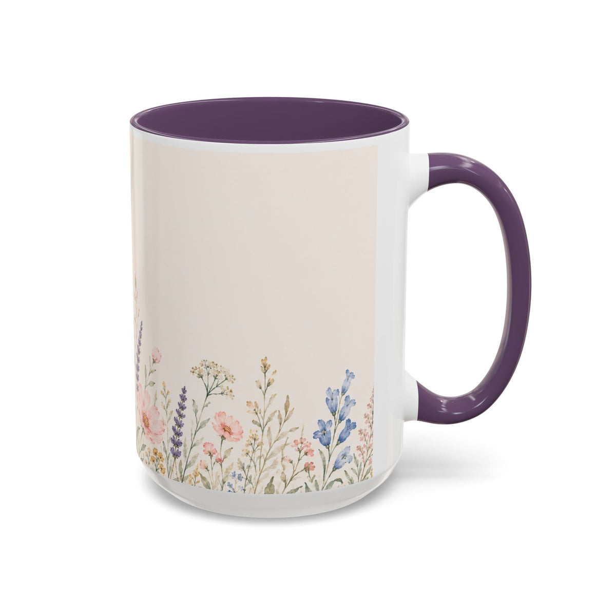 Floral Meadow Accent Coffee Mug — Pink/Purple/Blue Interior, Wildflower Design (15 oz)