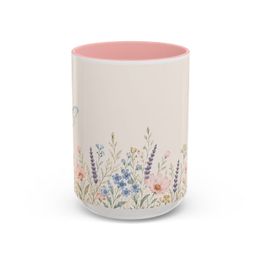 Floral Meadow Accent Coffee Mug — Pink/Purple/Blue Interior, Wildflower Design (15 oz)