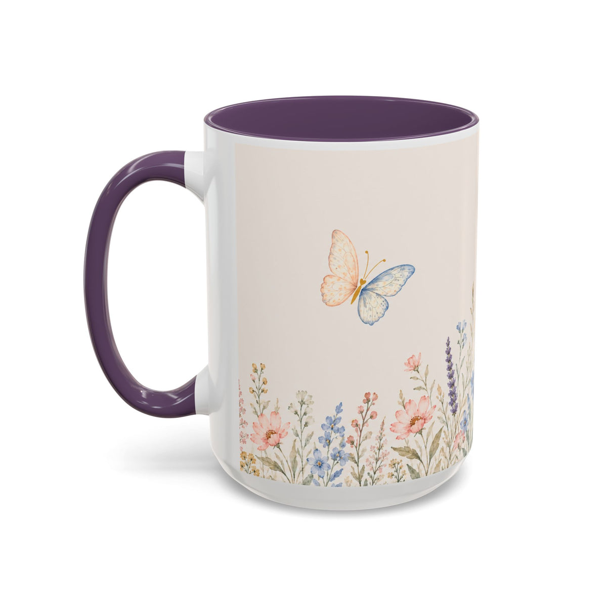 Floral Meadow Accent Coffee Mug — Pink/Purple/Blue Interior, Wildflower Design (15 oz)