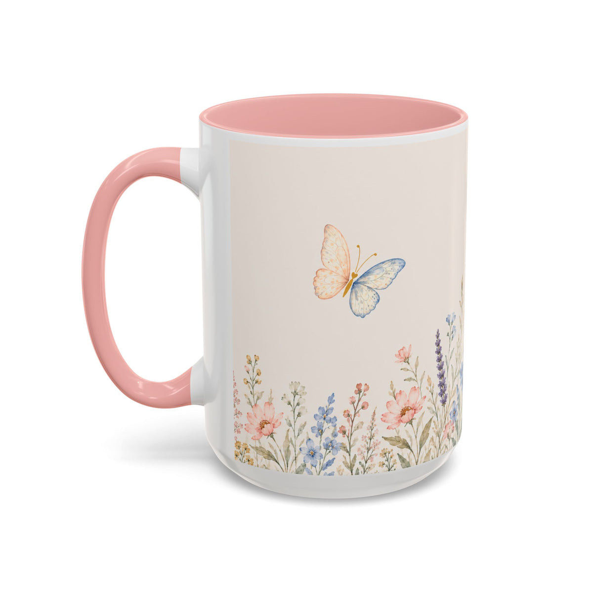 Floral Meadow Accent Coffee Mug — Pink/Purple/Blue Interior, Wildflower Design (15 oz)