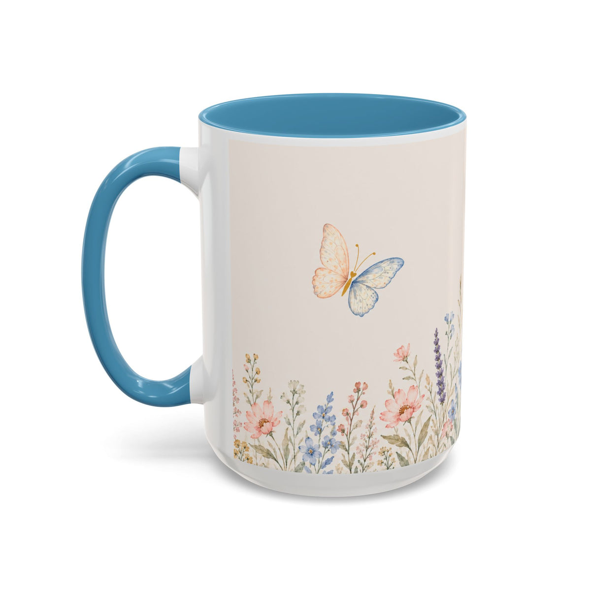 Floral Meadow Accent Coffee Mug — Pink/Purple/Blue Interior, Wildflower Design (15 oz)